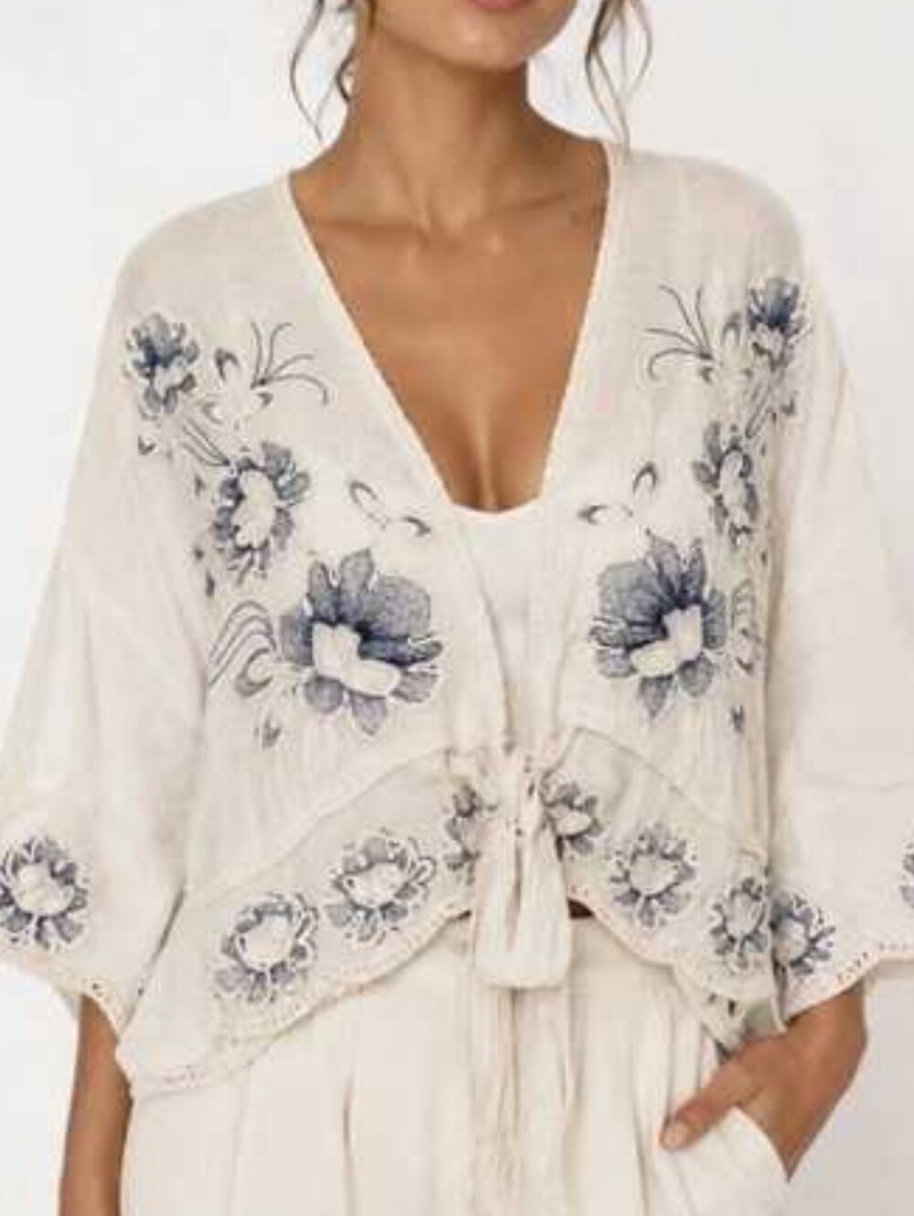 Rachel Zoe Cream Tie-Front Embroidered Navy Blue Floral Detail NWT One Size